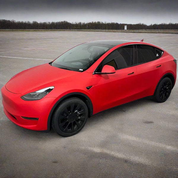 Matte Carmine Red Vinyl Car Wrap applied to vehicle, showcasing deep red color with smooth matte finish and bold, non-reflective appearance
