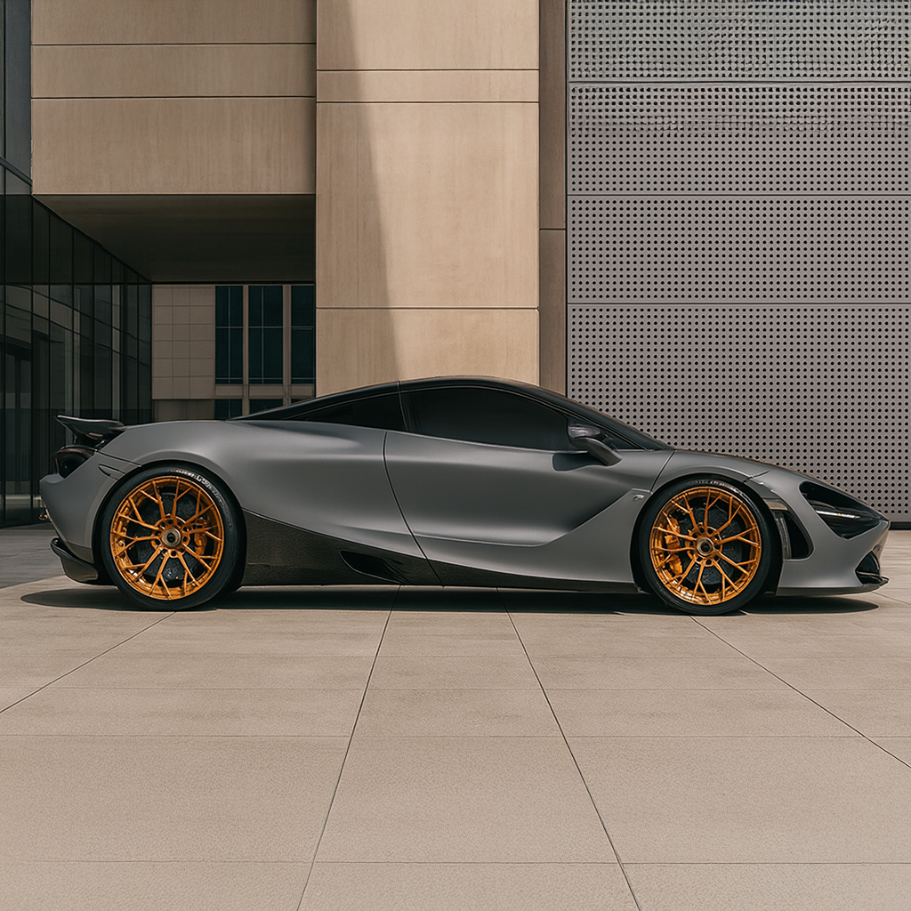 Gray sports car with orange wheels parked in front of a modern building.
