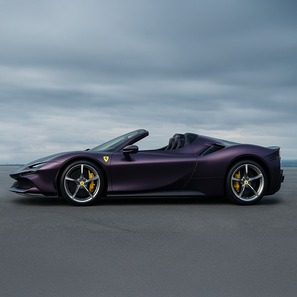 Purple Ferrari sports car on a road with a cloudy sky