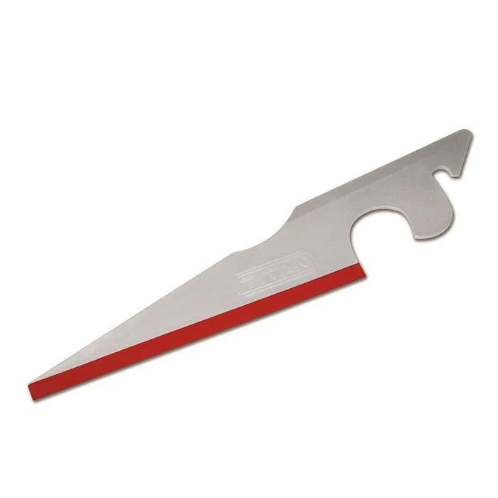 A silver vehicle window tinting tool with a red strip on the edge and a beveled end with a hook.