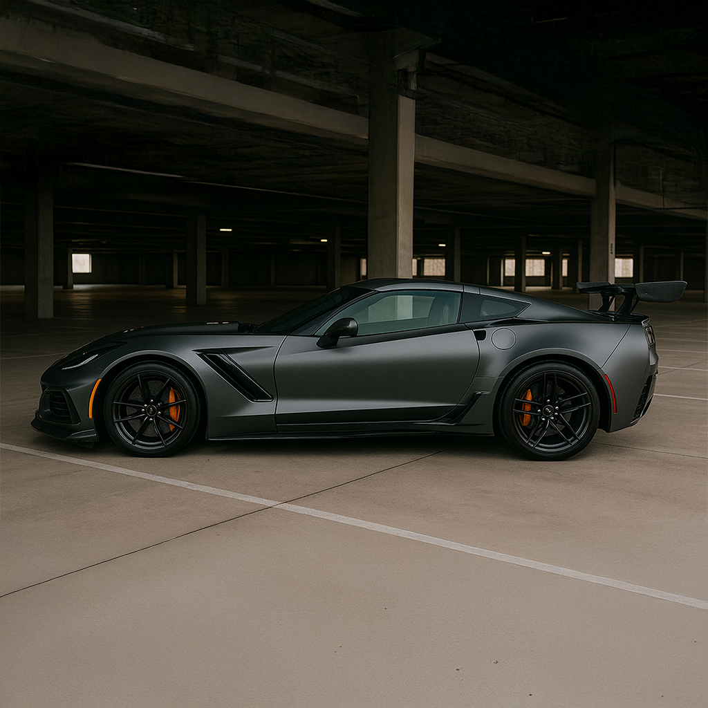 Gray sports car parked in a dark indoor parking garage