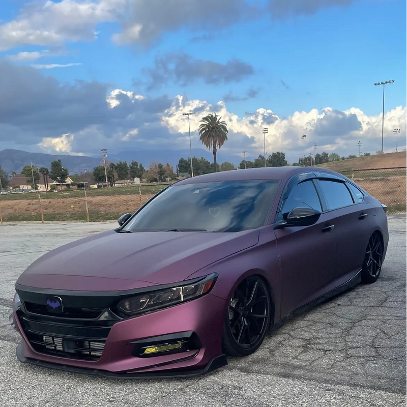 Satin Black Rose Aluminum Vinyl Car Wrap applied to vehicle, showing deep black color with subtle rose undertones and a smooth satin aluminum finish