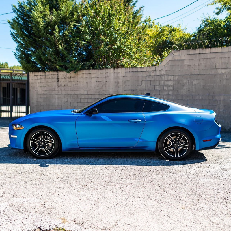 Satin Blue Aluminum Vinyl Car Wrap applied to vehicle, showcasing metallic blue tone with smooth satin finish and modern aluminum texture