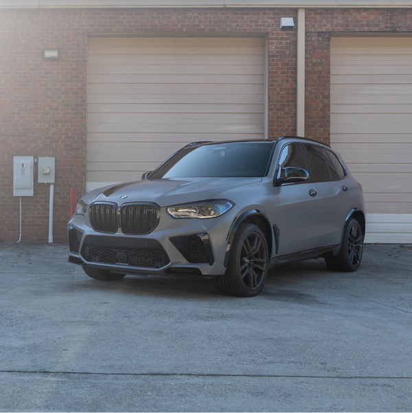 Satin Nardo Gray Vinyl Car Wrap applied to vehicle, showcasing smooth satin finish and signature Nardo gray color with clean, modern styling