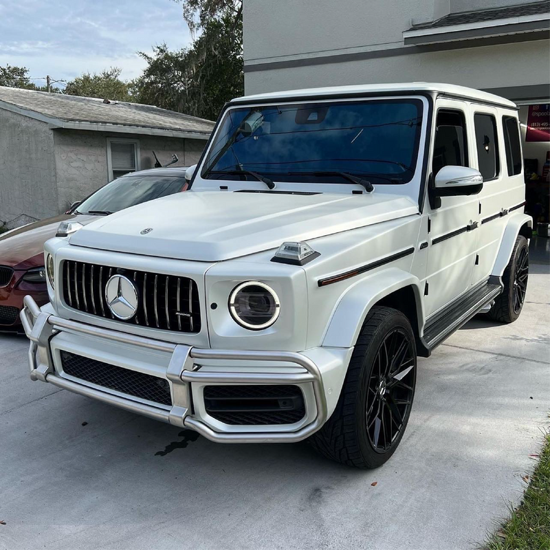 Satin Pearl White Vinyl Car Wrap applied to vehicle, showcasing smooth satin finish with subtle pearlescent shimmer and clean white tone