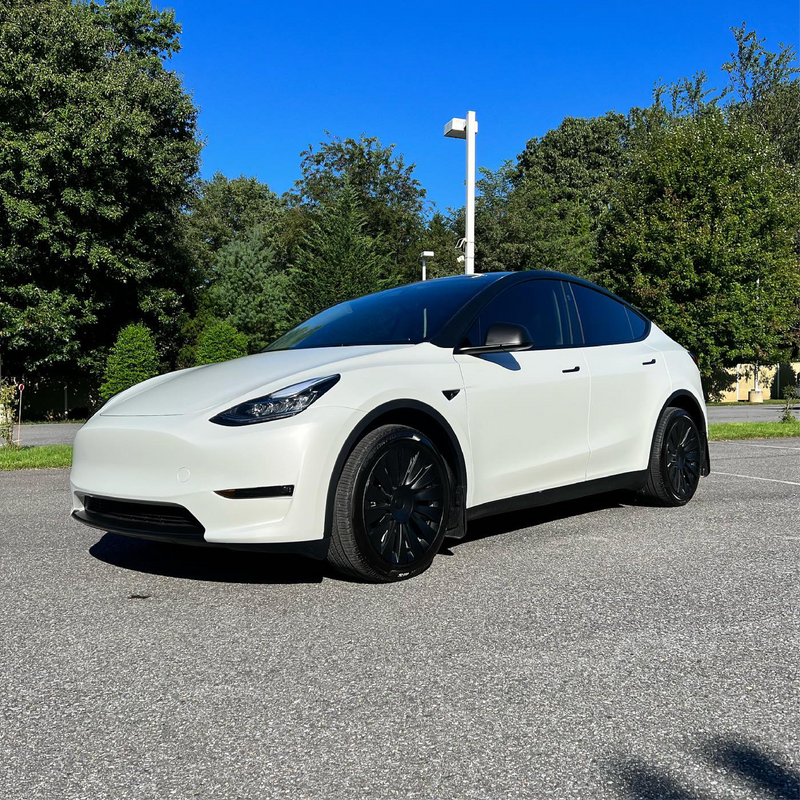 Satin Pearl White Vinyl Car Wrap applied to vehicle, showcasing smooth satin finish with subtle pearlescent shimmer and clean white tone