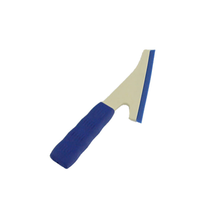 Blue and white plastic scraper tool with ergonomic grip for cleaning or applying films