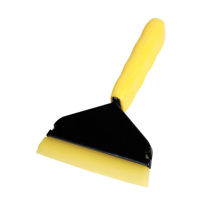 A yellow and black squeegee with a rubber handle and a metal I-beam frame.