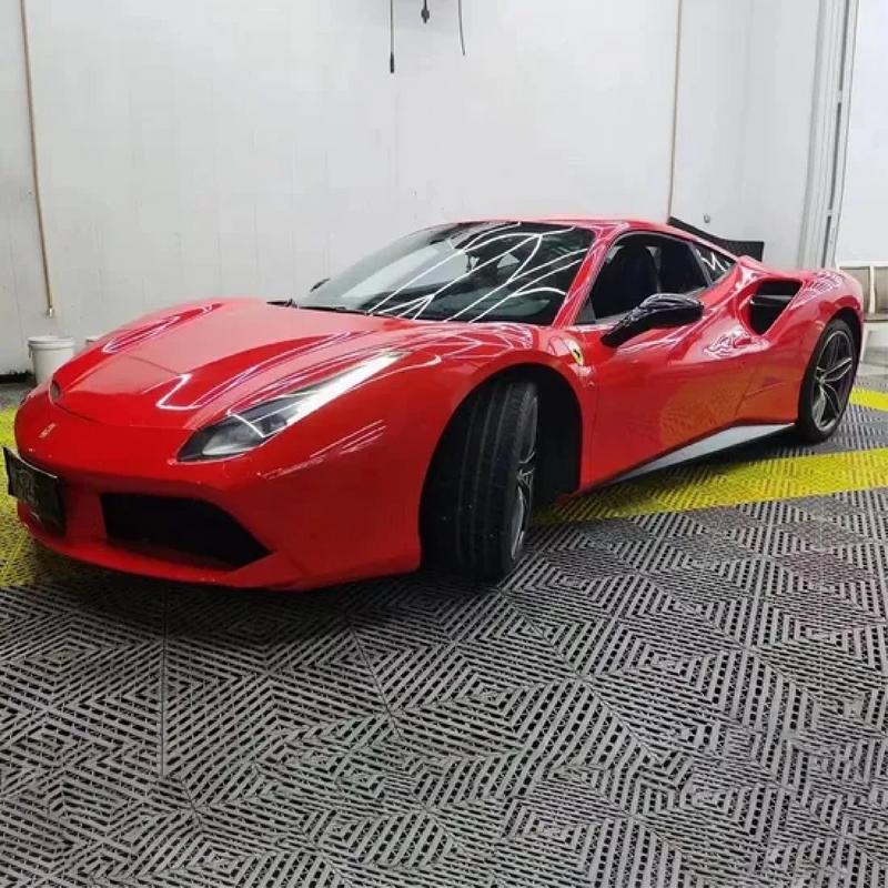 Gloss Carmine Red Vinyl Car Wrap applied to vehicle, showcasing bold carmine red color with a smooth high-gloss finish and reflective surface